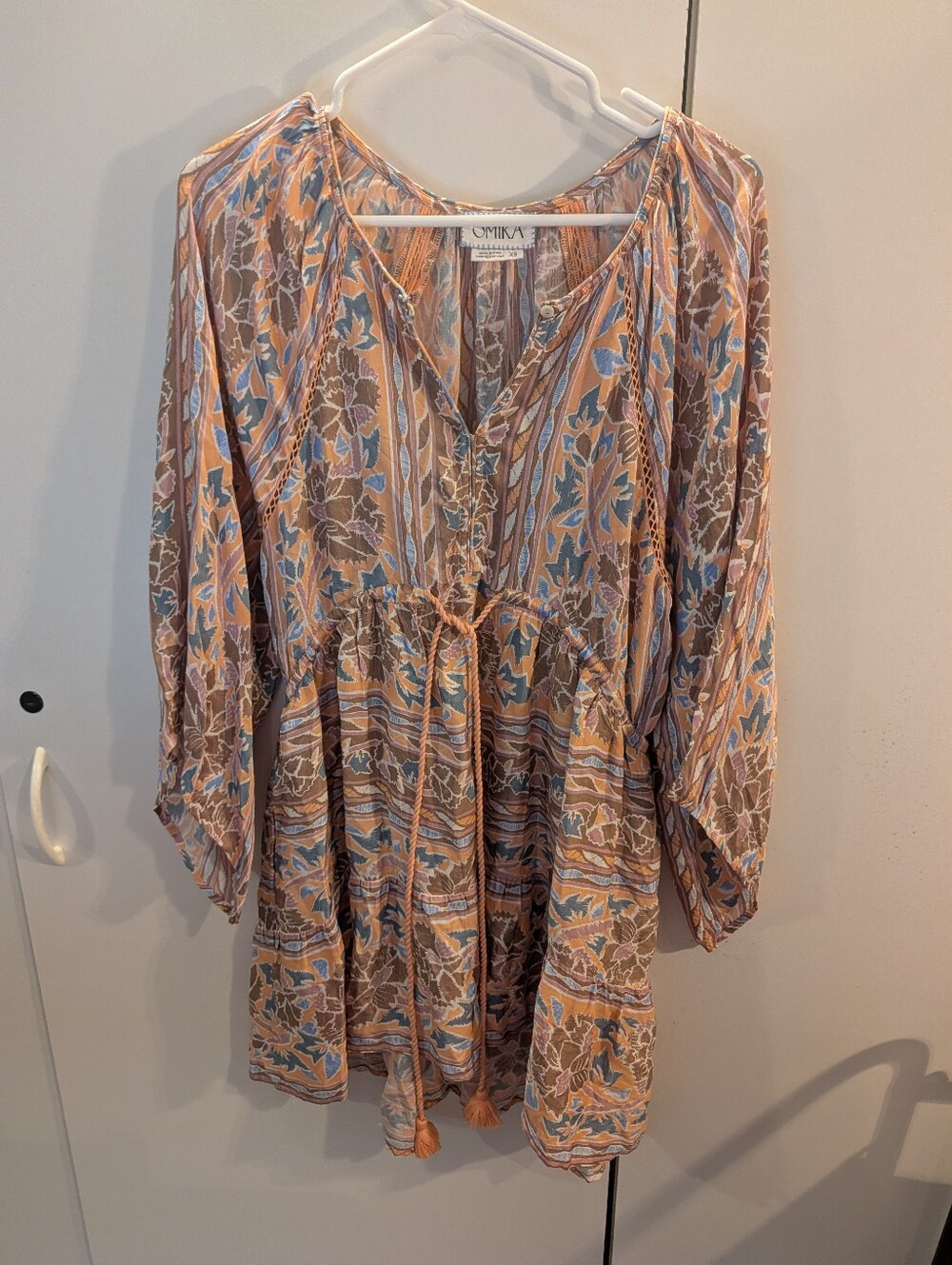 Anthropologie Omika Woman's XS Peach Multicolor Floral Tie-Waist Tunic